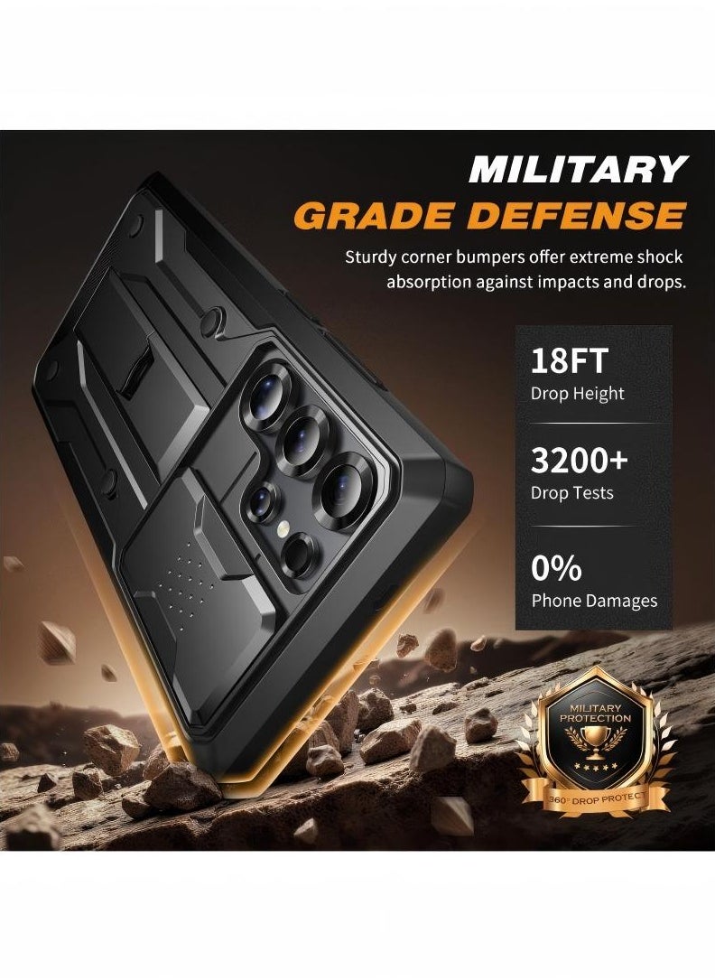 Samsung Galaxy S25 Ultra Case [Built-in Slide Camera Cover & Screen Protector] [2 Front Frames] Full-Body Heavy Duty Shockproof S25 Ultra Phone Case with Stand & Belt Clip Holster Black
