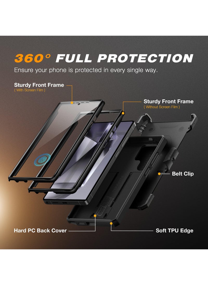 Samsung Galaxy S25 Ultra Case [Built-in Slide Camera Cover & Screen Protector] [2 Front Frames] Full-Body Heavy Duty Shockproof S25 Ultra Phone Case with Stand & Belt Clip Holster Black