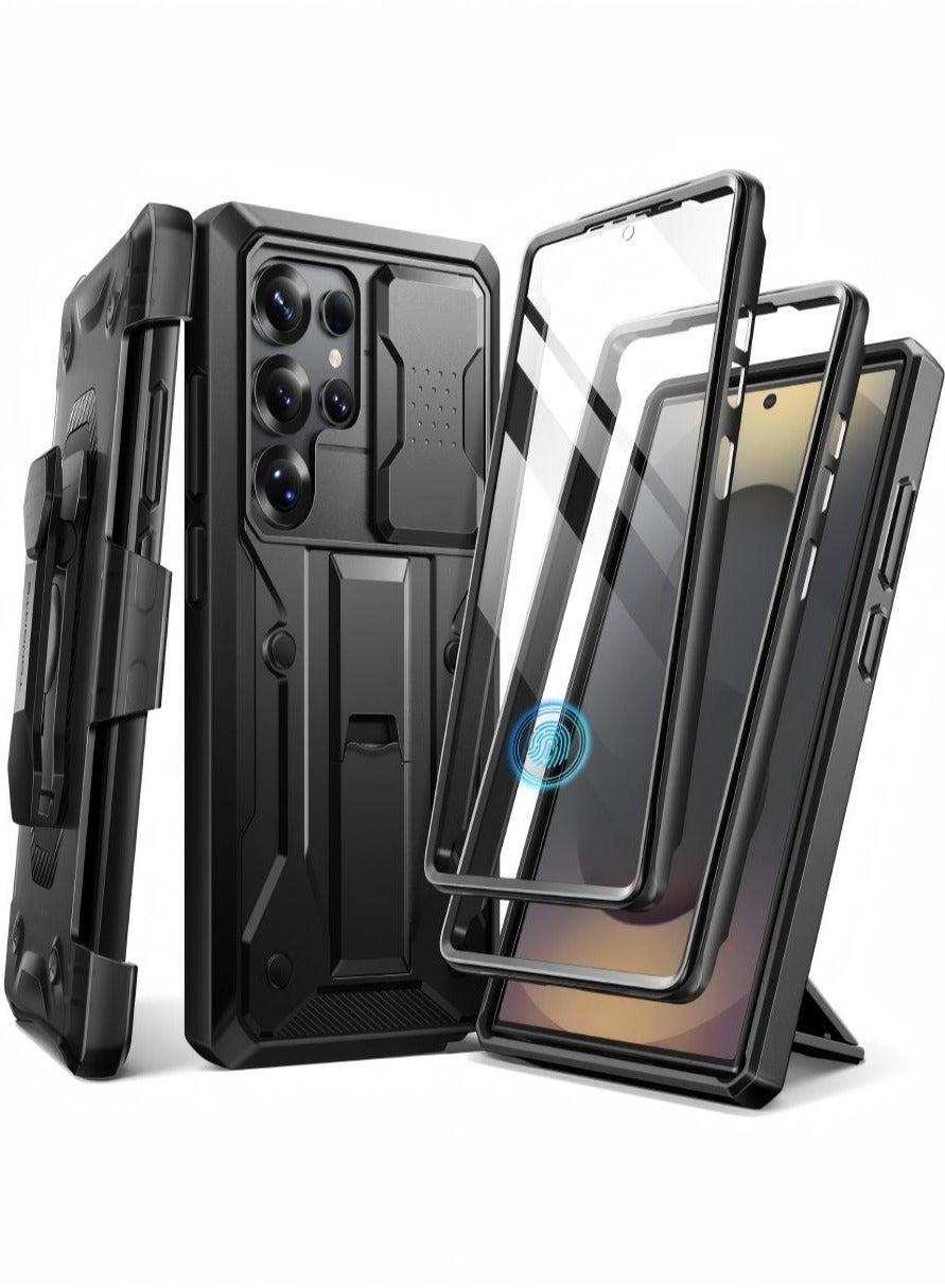 TONGATE Samsung Galaxy S25 Ultra Case [Built-in Slide Camera Cover & Screen Protector] [2 Front Frames] Full-Body Heavy Duty Shockproof S25 Ultra Phone Case with Stand & Belt Clip Holster Black