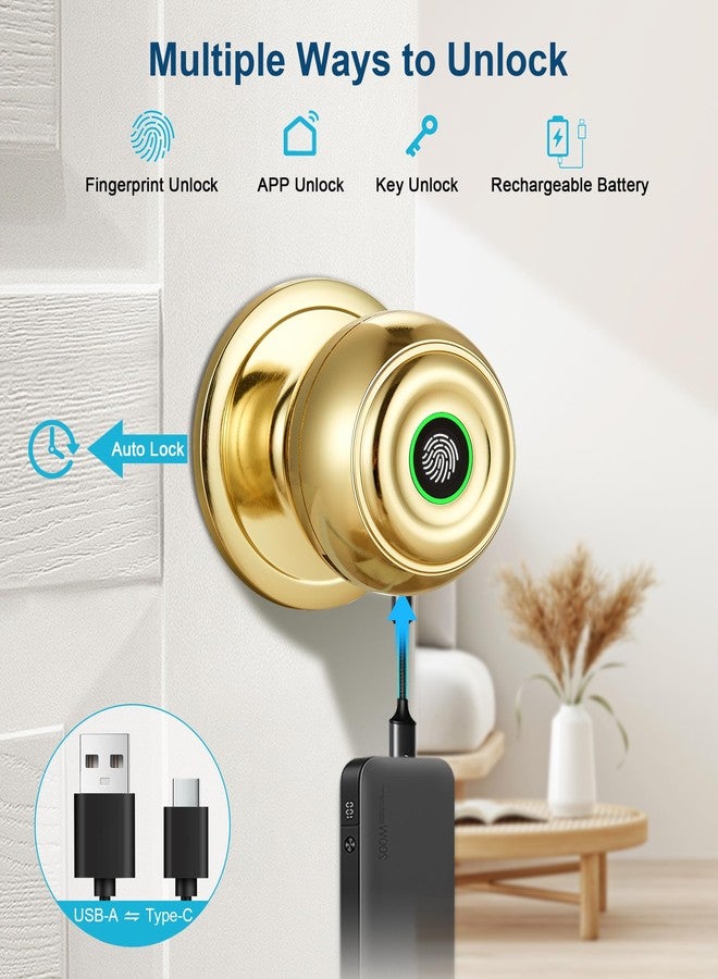 KLLOQUE Fingerprint Door Lock, Smart Fingerprint Door Knob with Lock, Biometric Door Lock with App Control & Key, Keyless Thumbprint Entry Door Lock for Bedroom, Front Door, Home, Apartment Office-Brass - Image 2