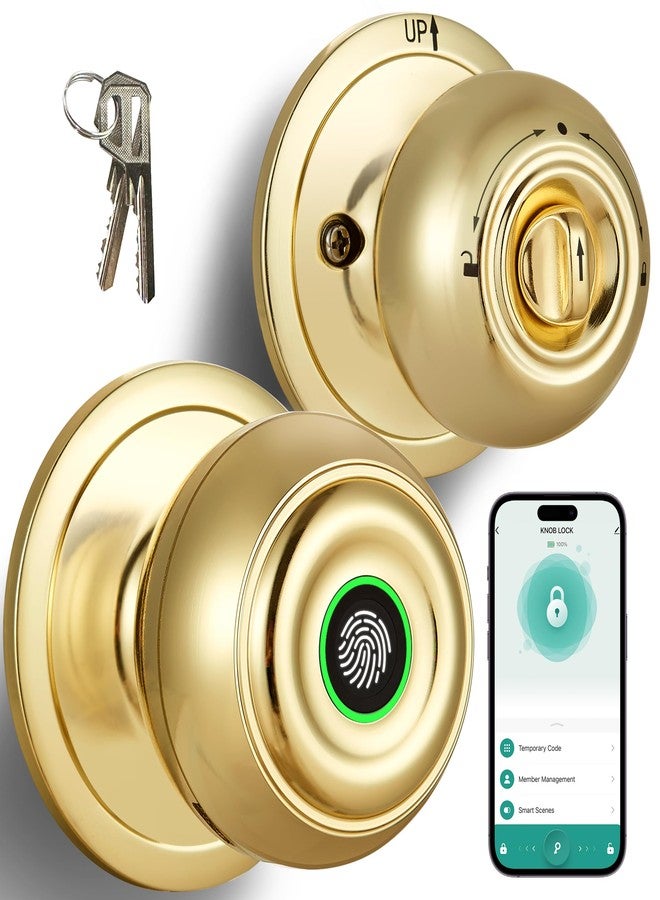 KLLOQUE Fingerprint Door Lock, Smart Fingerprint Door Knob with Lock, Biometric Door Lock with App Control & Key, Keyless Thumbprint Entry Door Lock for Bedroom, Front Door, Home, Apartment Office-Brass - Image 1