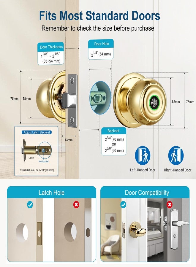 KLLOQUE Fingerprint Door Lock, Smart Fingerprint Door Knob with Lock, Biometric Door Lock with App Control & Key, Keyless Thumbprint Entry Door Lock for Bedroom, Front Door, Home, Apartment Office-Brass - Image 5