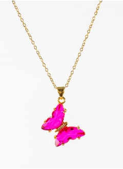 The Black Pearl Accessories Stainless Steel Necklace Gold with a Fushia Crystal Butterfly Pendant 