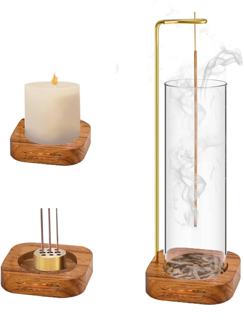شو وو حامل بخور خشبي شفاف بتصميم عصري بدون فوضى، مبخرة أعواد بخور مع مصيدة رماد زجاجية قابلة للإزالة للتأمل في السبا واليوجا والاسترخاء في المنزل - Image 1
