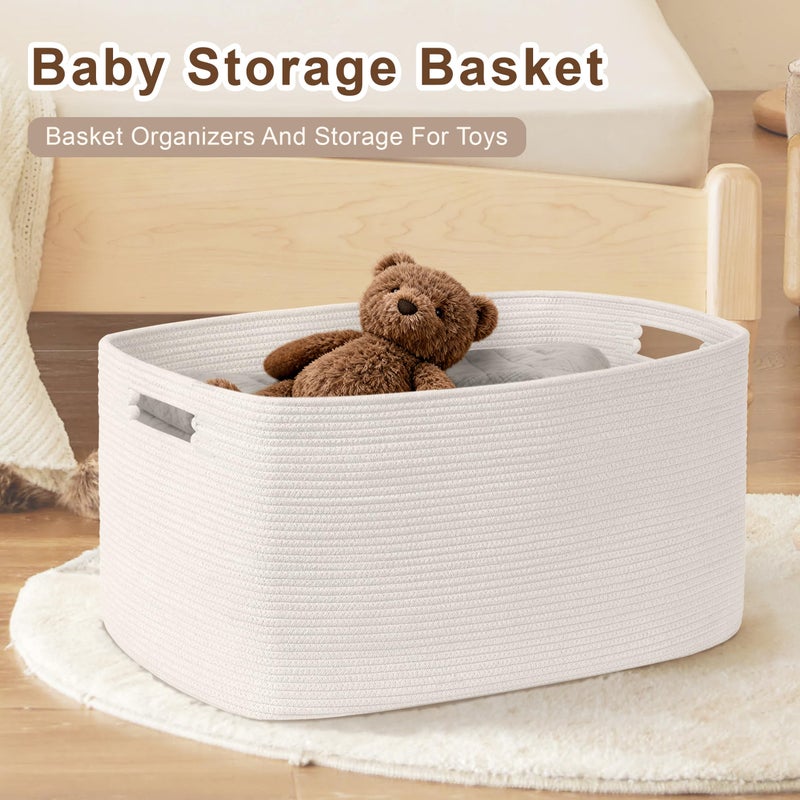SunNewt 72L Large Baby Girls Laundry Basket for Nursery Storage Cute Woven cotton Rope Baskets for Kids Toy Gifts Boho Square Wicker Blanket hamper for Living Room Bedroom Dirty Clothes  White - Image 3