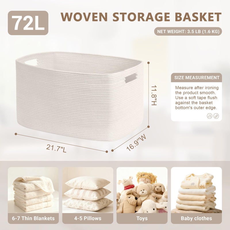 SunNewt 72L Large Baby Girls Laundry Basket for Nursery Storage Cute Woven cotton Rope Baskets for Kids Toy Gifts Boho Square Wicker Blanket hamper for Living Room Bedroom Dirty Clothes  White - Image 2