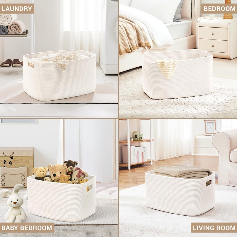 SunNewt 72L Large Baby Girls Laundry Basket for Nursery Storage Cute Woven cotton Rope Baskets for Kids Toy Gifts Boho Square Wicker Blanket hamper for Living Room Bedroom Dirty Clothes  White - Image 5