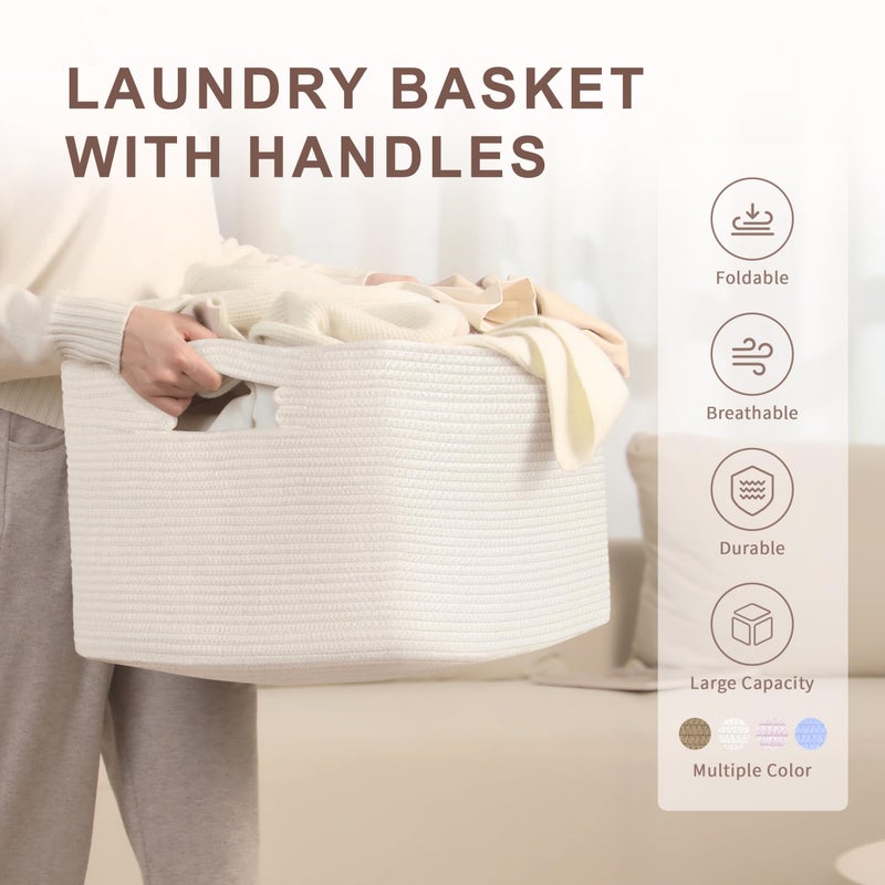 SunNewt 72L Large Baby Girls Laundry Basket for Nursery Storage Cute Woven cotton Rope Baskets for Kids Toy Gifts Boho Square Wicker Blanket hamper for Living Room Bedroom Dirty Clothes  White - Image 4