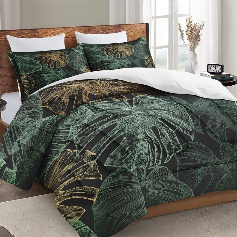WeCozy Queen Size Comforter Set with 2 Pillowcases, Green Tropical Leaves 3 Pcs Bedding for Kids and Adults, Monstera Palm Leaf Soft Comforter Set for Bedroom Bed Decor - Image 3