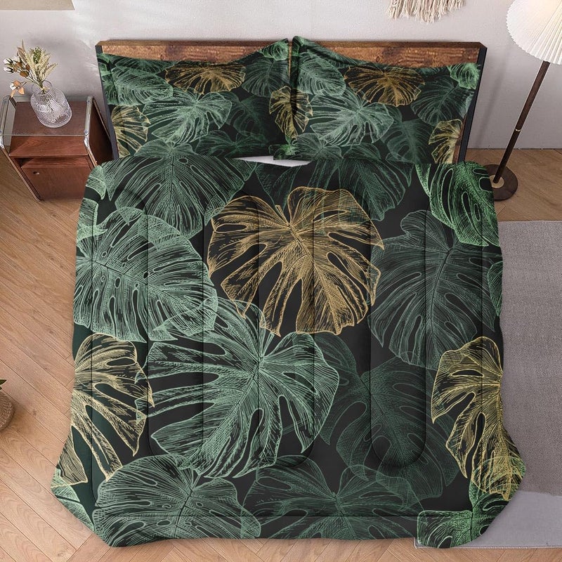 WeCozy Queen Size Comforter Set with 2 Pillowcases, Green Tropical Leaves 3 Pcs Bedding for Kids and Adults, Monstera Palm Leaf Soft Comforter Set for Bedroom Bed Decor - Image 2