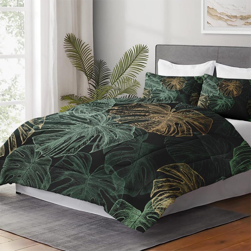 WeCozy Queen Size Comforter Set with 2 Pillowcases, Green Tropical Leaves 3 Pcs Bedding for Kids and Adults, Monstera Palm Leaf Soft Comforter Set for Bedroom Bed Decor - Image 4