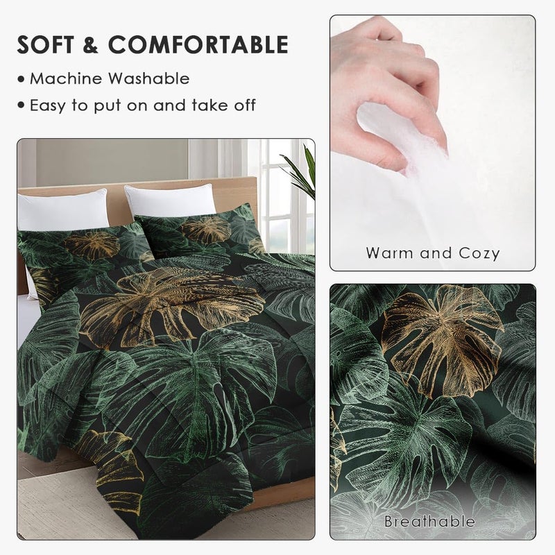 WeCozy Queen Size Comforter Set with 2 Pillowcases, Green Tropical Leaves 3 Pcs Bedding for Kids and Adults, Monstera Palm Leaf Soft Comforter Set for Bedroom Bed Decor - Image 5