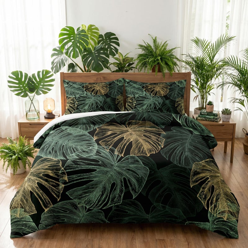 WeCozy Queen Size Comforter Set with 2 Pillowcases, Green Tropical Leaves 3 Pcs Bedding for Kids and Adults, Monstera Palm Leaf Soft Comforter Set for Bedroom Bed Decor - Image 1