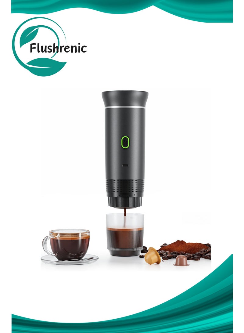 فلوشرينيك ماكينة تحضير القهوة المحمولة، ماكينة تحضير قهوة الإسبريسو الكهربائية للسفر مزودة بوظيفة تسخين المياه، متوافقة مع القهوة المطحونة والكبسولات الصغيرة والكبيرة للاستخدام أثناء السفر، ماكينة تحضير القهوة في السيارة متوافقة مع القهوة المطحونة والكبسولات للاستخدام في المقطورات والتنزه والتخييم والمكتب والسفر. - Image 1