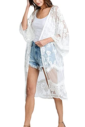 YouKD Women's Lace Cardigan See Through Dress Boho Long Kimono Beach Swimsuit Cover Up Dresses White - Image 2