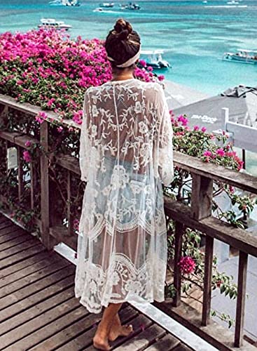 YouKD Women's Lace Cardigan See Through Dress Boho Long Kimono Beach Swimsuit Cover Up Dresses White - Image 5