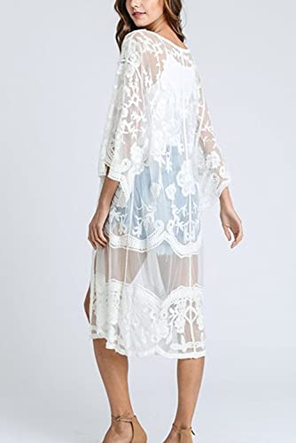 YouKD Women's Lace Cardigan See Through Dress Boho Long Kimono Beach Swimsuit Cover Up Dresses White - Image 3
