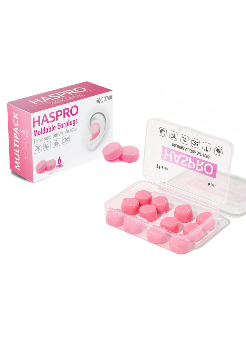 HASPRO HASPRO [6-Pair Pack] Soft Silicone Earplugs for Sleeping, Swimming & Bathing, Anti-Snoring, Noise Cancelling Reusable Earplugs. Adults & Children (Pink)  - Image 1
