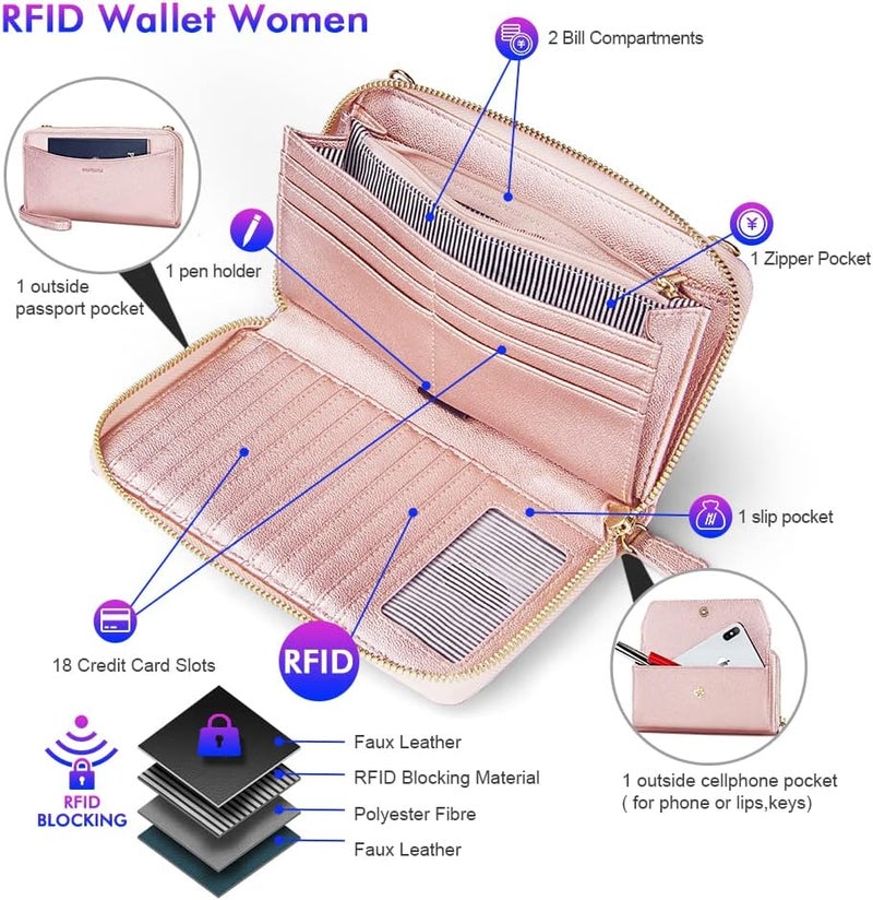 Nuoku Womens RFID Wallet Purse Wristlet Crossbody Clutch with Zip Around 2 Strap - Image 3