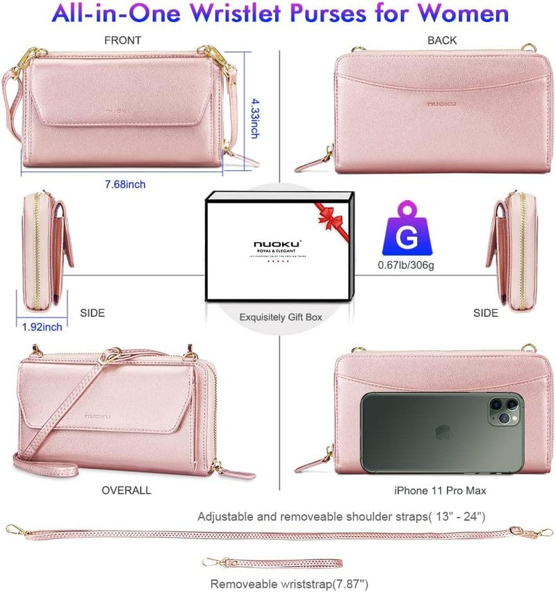 Nuoku Womens RFID Wallet Purse Wristlet Crossbody Clutch with Zip Around 2 Strap - Image 4