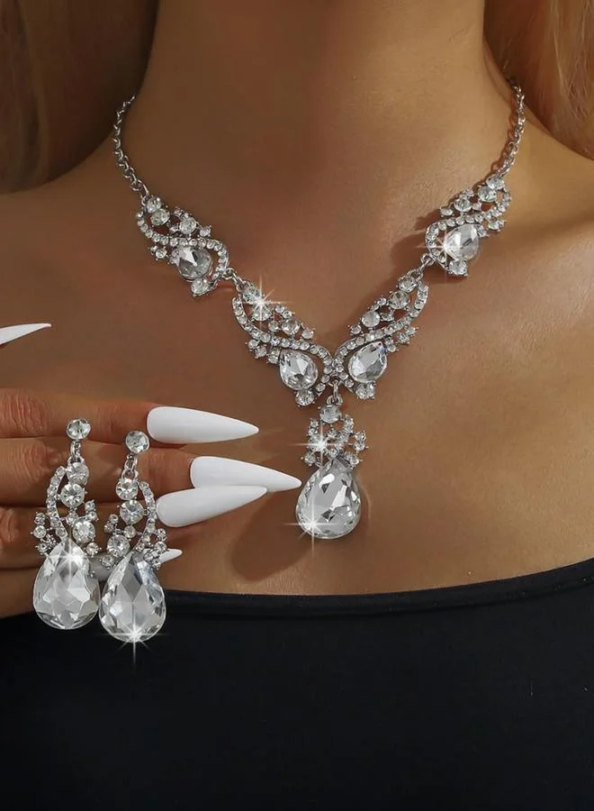 تايك تو طقم مجوهرات قلادة وأقراط مزينة بدلاية حجر راين قطعتين