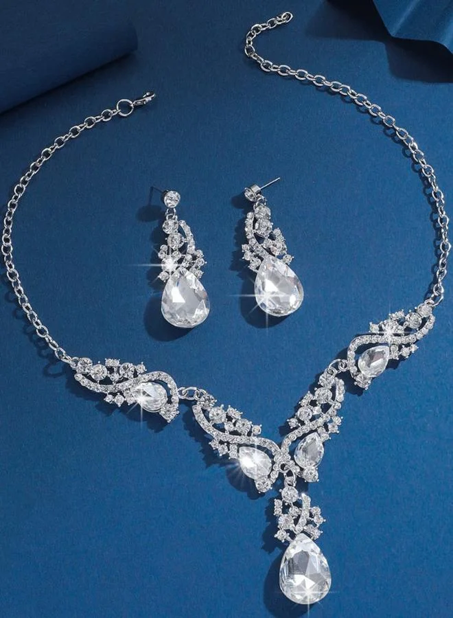 تايك تو طقم مجوهرات قلادة وأقراط مزينة بدلاية حجر راين قطعتين