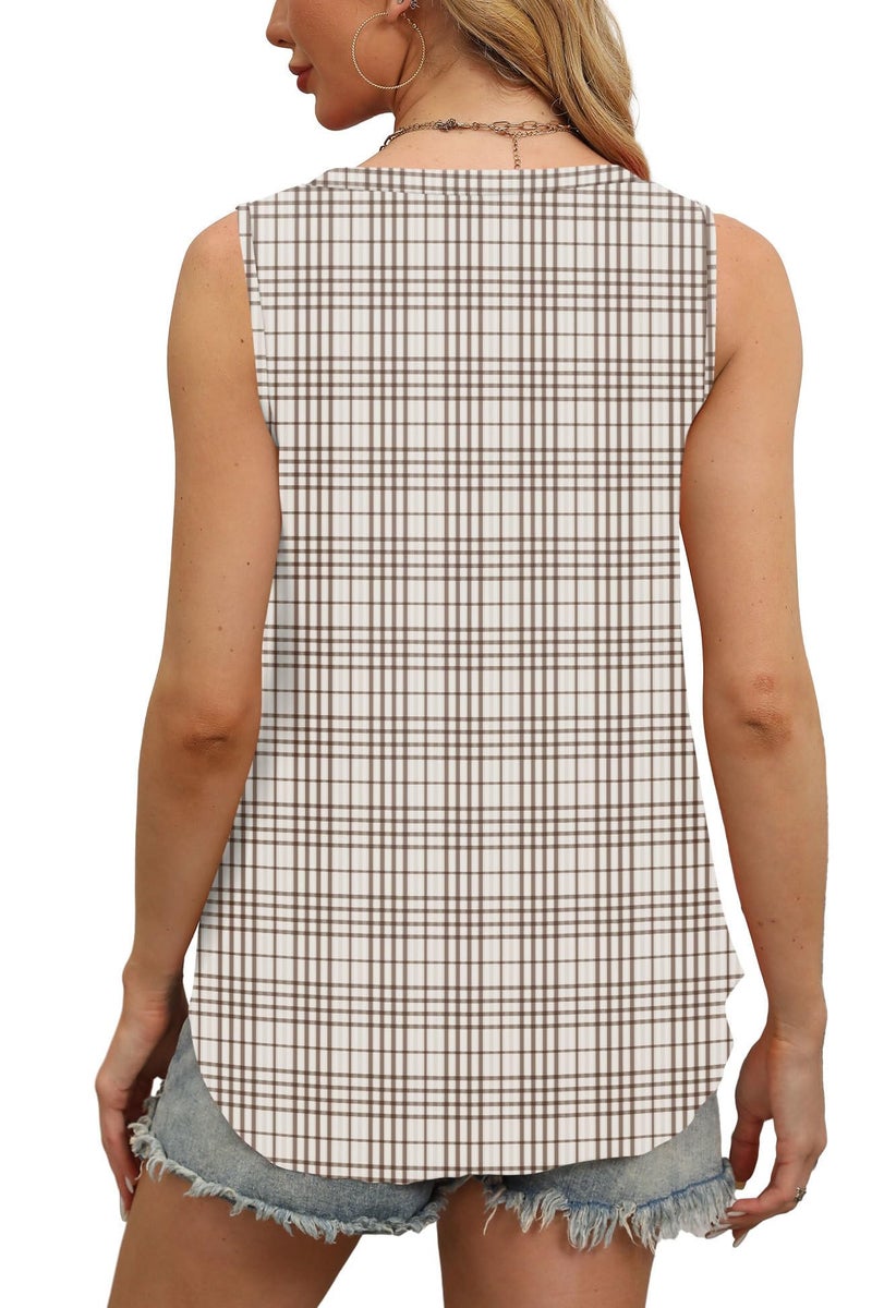 OFEEFAN Womens Tops Summer Tank Tops for Women V Neck Fashion Clothing Dressy Casual Spring Beige Check XL - Image 4