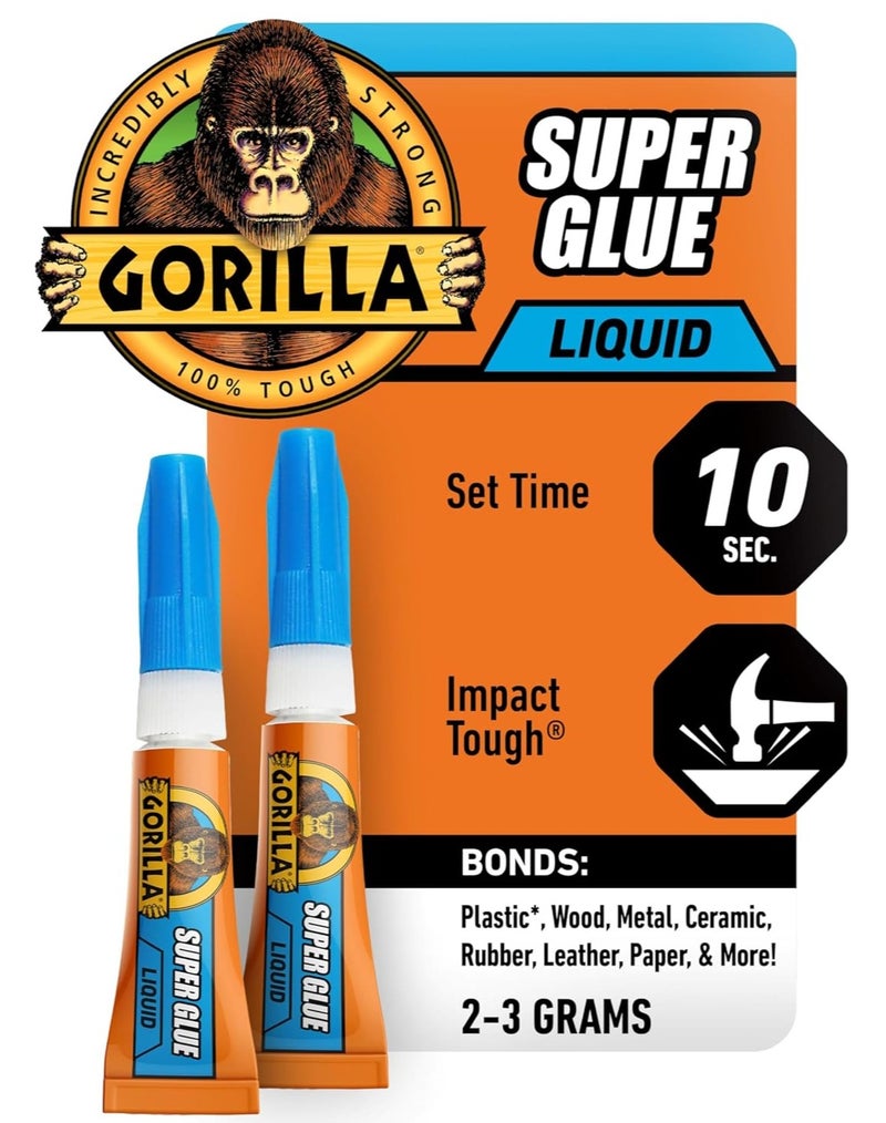 Gorilla Super Glue Liquid Pack of 2 (2-3g Each) Fast Setting 10 Seconds Strong Adhesive for Plastic Wood Metal Ceramic Rubber Instant Bond Impact Tough Precision Tip Repair Glue - Image 1