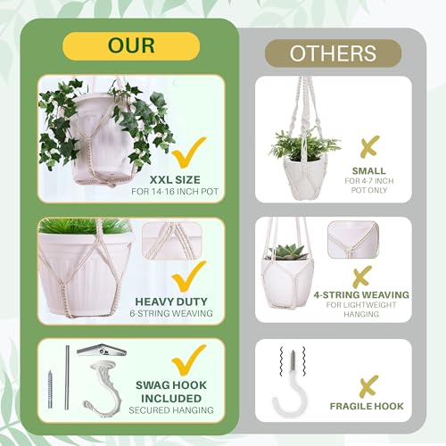 Shineloha Giant XXL 55 Inches Macrame Planter Hanger Large for 15 inch Pot + Swag Hook | Extra Large Hanging Planter for Indoor Plants | No Pot/Plant Included (XXL Jute) - Image 4