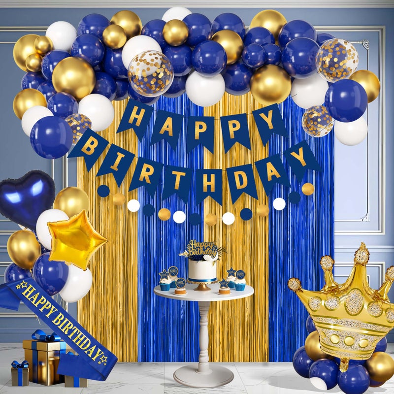 jenmir Blue And Gold Birthday Decorations for Men,Fringe Curtains Happy Birthday Banner,Red balloons,Cake Toppers for Boys - Image 1