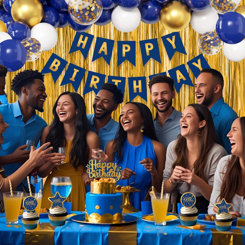 jenmir Blue And Gold Birthday Decorations for Men,Fringe Curtains Happy Birthday Banner,Red balloons,Cake Toppers for Boys - Image 4