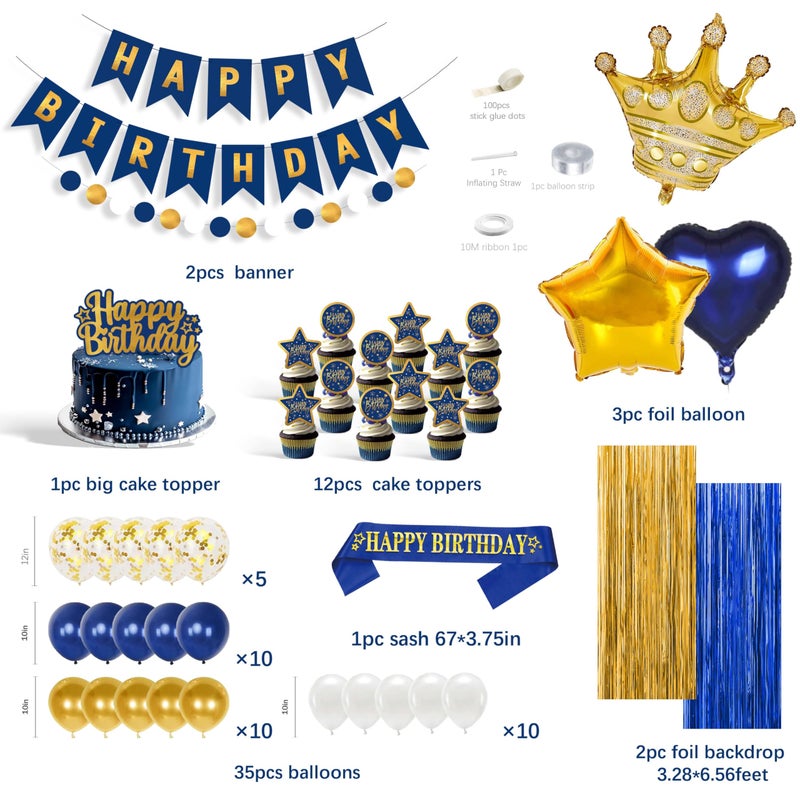 jenmir Blue And Gold Birthday Decorations for Men,Fringe Curtains Happy Birthday Banner,Red balloons,Cake Toppers for Boys - Image 2