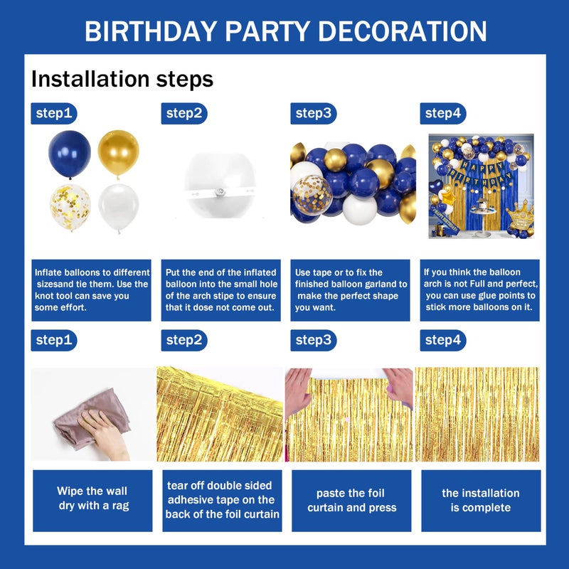 jenmir Blue And Gold Birthday Decorations for Men,Fringe Curtains Happy Birthday Banner,Red balloons,Cake Toppers for Boys - Image 3