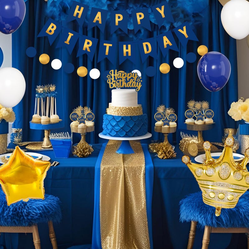 jenmir Blue And Gold Birthday Decorations for Men,Fringe Curtains Happy Birthday Banner,Red balloons,Cake Toppers for Boys - Image 5