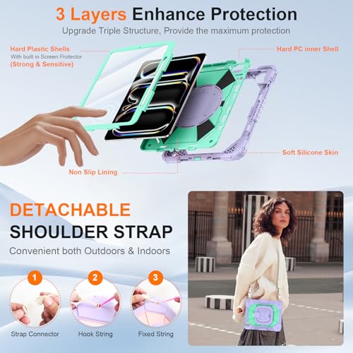 Auorld Case for iPad Pro 13 Inch M5 2025 / M4 2024, Auorld for iPad Pro 13 Inch M5 2025 with Screen Protector, 360 Degree Rotating Stand Shoulder Strap Pencil Holder, Purple Mint - Image 3