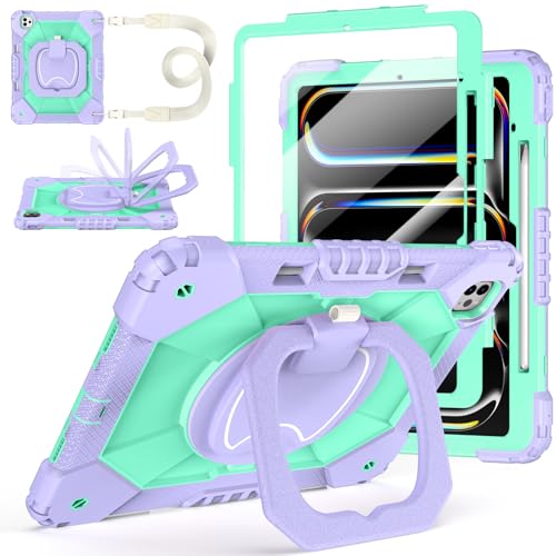 Auorld Case for iPad Pro 13 Inch M5 2025 / M4 2024, Auorld for iPad Pro 13 Inch M5 2025 with Screen Protector, 360 Degree Rotating Stand Shoulder Strap Pencil Holder, Purple Mint - Image 1