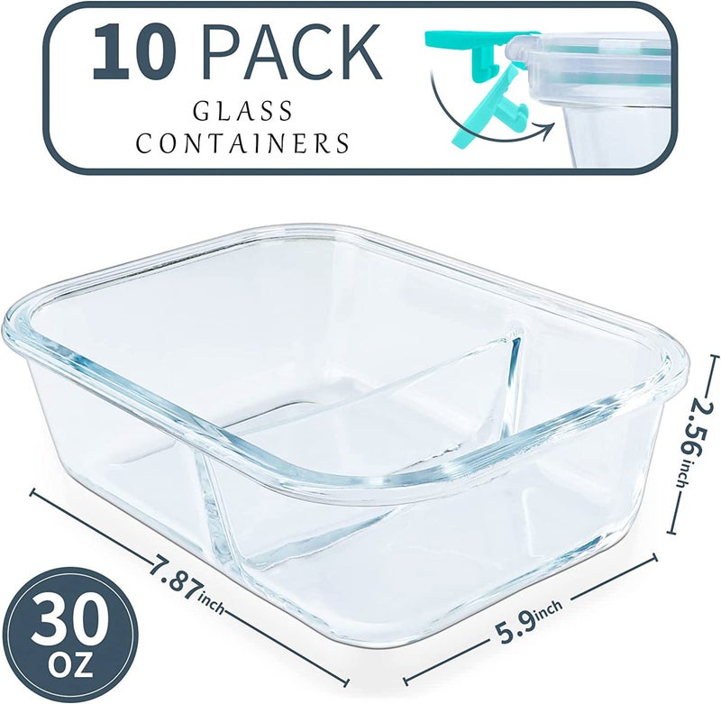 KOMUEE 10 Packs 30oz Glass Meal Prep Containers 2 Compartments,Glass Food Storage Containers with Lids,Airtight Glass Lunch Bento Boxes,Oven,Freezer and Dishwasher Safe, Green - Image 2