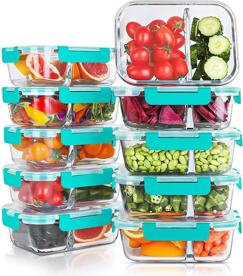 KOMUEE 10 Packs 30oz Glass Meal Prep Containers 2 Compartments,Glass Food Storage Containers with Lids,Airtight Glass Lunch Bento Boxes,Oven,Freezer and Dishwasher Safe, Green - Image 1