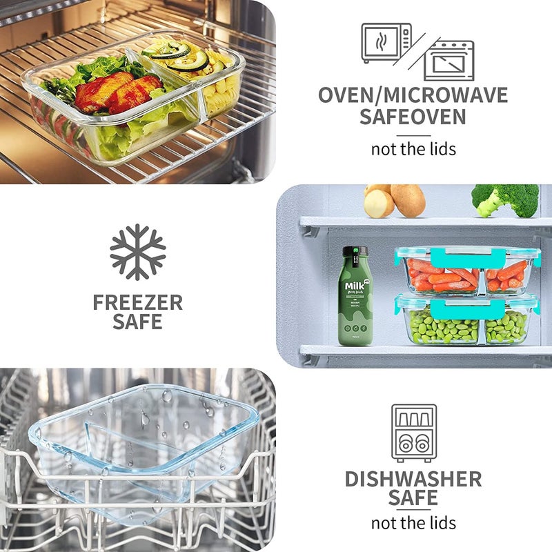 KOMUEE 10 Packs 30oz Glass Meal Prep Containers 2 Compartments,Glass Food Storage Containers with Lids,Airtight Glass Lunch Bento Boxes,Oven,Freezer and Dishwasher Safe, Green - Image 3