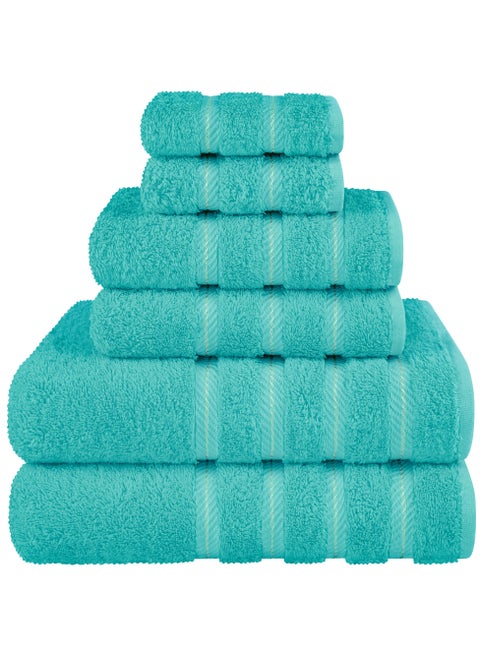 مجموعة مناشف فندق فاخر جودة 600 GSM قطن ممشط أصلي ، مناشف حمام عائلية فائقة النعومة والامتصاص 6 قطع - 2 فوط حمام ، 2 منشفة يد ، 2 منشفة - أزرق فيروزي