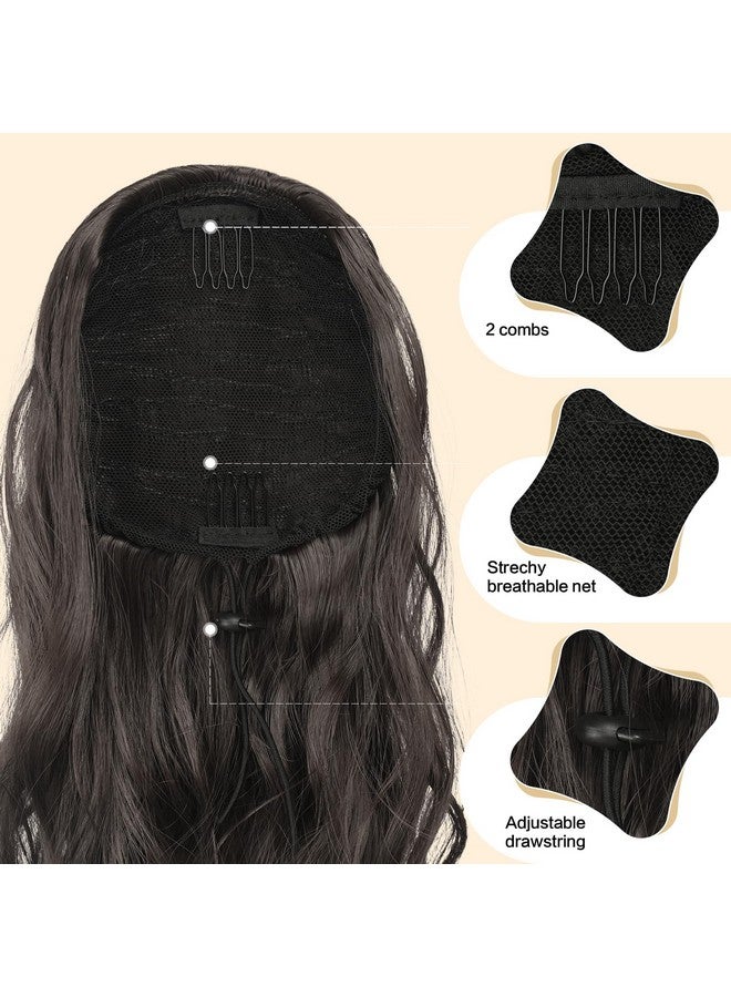 فيشبن وصلات شعر ذيل حصان برباط ذيل حصان وصلات شعر بني داكن طويل مجعد ومموج قطعة شعر صناعية بنية ذيل حصان للنساء 18 بوصة - Image 3