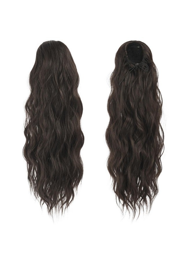 فيشبن وصلات شعر ذيل حصان برباط ذيل حصان وصلات شعر بني داكن طويل مجعد ومموج قطعة شعر صناعية بنية ذيل حصان للنساء 18 بوصة - Image 2