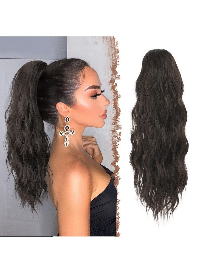 فيشبن وصلات شعر ذيل حصان برباط ذيل حصان وصلات شعر بني داكن طويل مجعد ومموج قطعة شعر صناعية بنية ذيل حصان للنساء 18 بوصة - Image 1