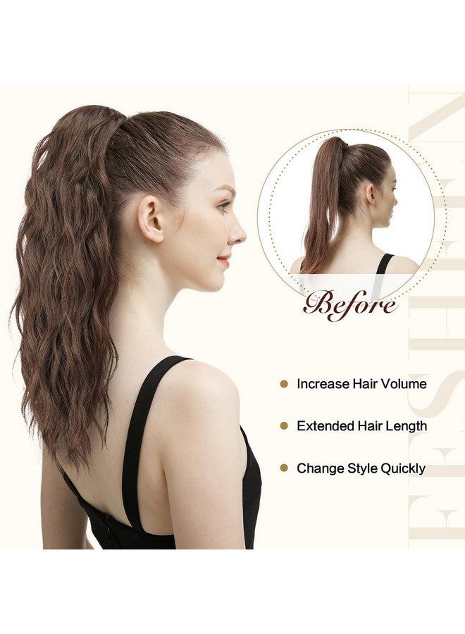 فيشبن وصلات شعر ذيل حصان برباط ذيل حصان وصلات شعر بني داكن طويل مجعد ومموج قطعة شعر صناعية بنية ذيل حصان للنساء 18 بوصة - Image 5