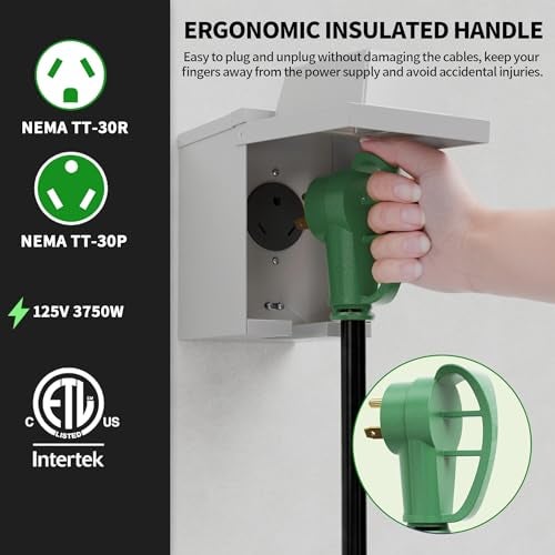 POWGRN NEMA TT-30P to NEMA TT-30R 75 FT 30 Amp RV Extension Cord Outdoor with Grip Handle, Flexible Heavy Duty 10/3 Gauge STW 3 Prong RV Power Cord Waterproof, 30A 125V 3750W, Black-Green, ETL Listed - Image 3