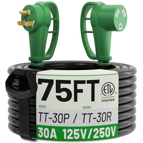 POWGRN NEMA TT-30P to NEMA TT-30R 75 FT 30 Amp RV Extension Cord Outdoor with Grip Handle, Flexible Heavy Duty 10/3 Gauge STW 3 Prong RV Power Cord Waterproof, 30A 125V 3750W, Black-Green, ETL Listed - Image 1