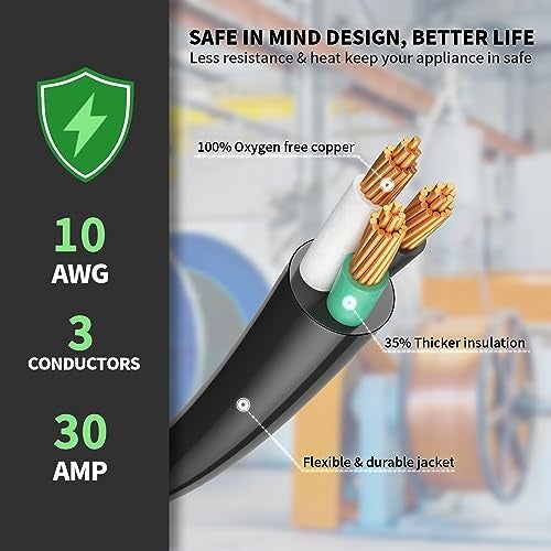 POWGRN NEMA TT-30P to NEMA TT-30R 75 FT 30 Amp RV Extension Cord Outdoor with Grip Handle, Flexible Heavy Duty 10/3 Gauge STW 3 Prong RV Power Cord Waterproof, 30A 125V 3750W, Black-Green, ETL Listed - Image 4