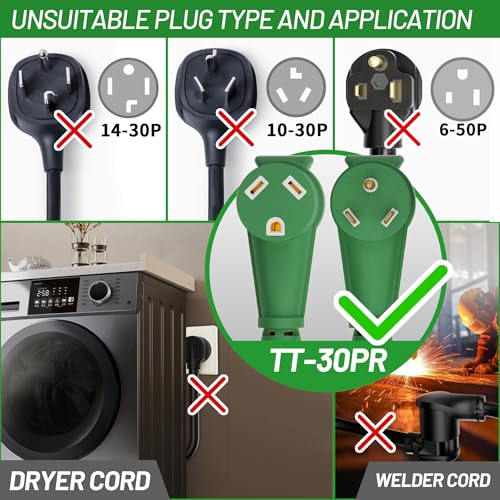 POWGRN NEMA TT-30P to NEMA TT-30R 75 FT 30 Amp RV Extension Cord Outdoor with Grip Handle, Flexible Heavy Duty 10/3 Gauge STW 3 Prong RV Power Cord Waterproof, 30A 125V 3750W, Black-Green, ETL Listed - Image 2
