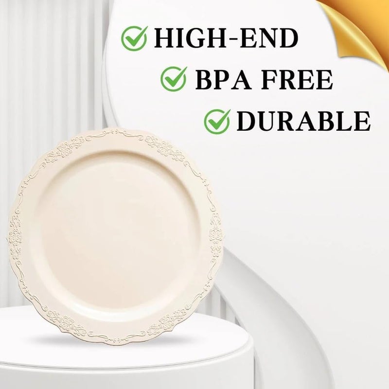 kaya Elegant Ivory Vintage Round Disposable Plastic Salad Plates  75 Packs of 10  Premium Quality  BPAFree Materials Perfect for Any Occasion - Image 5