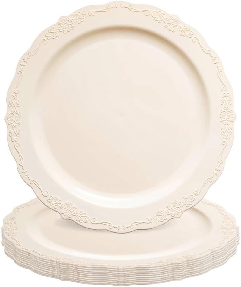 kaya Elegant Ivory Vintage Round Disposable Plastic Salad Plates  75 Packs of 10  Premium Quality  BPAFree Materials Perfect for Any Occasion - Image 1